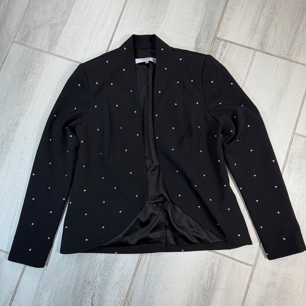 Crosby by Mollie Burch Womens Black Studded Open Front Blazer Jacket Small